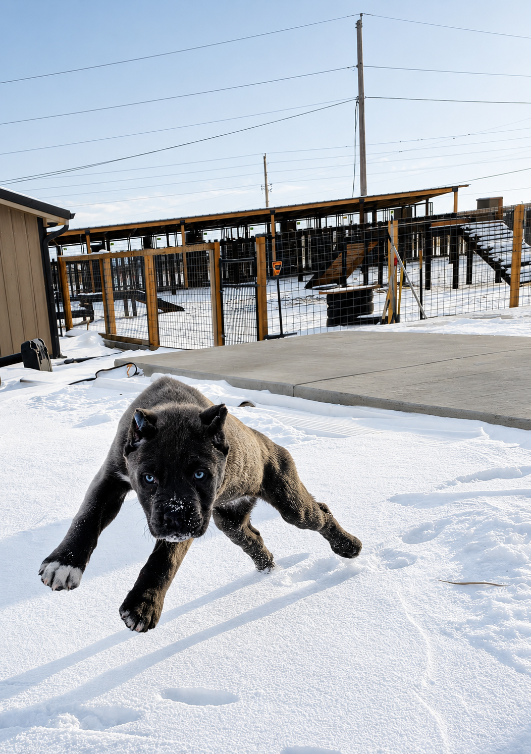 Young Cane Corso running through fresh Colorado snow