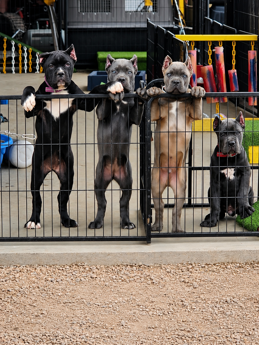 Four young Cane Corsos gathered at the gate